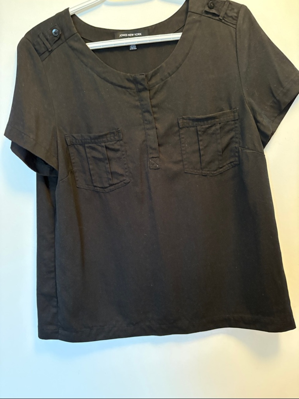 Jones New York Black Short-Sleeve Pocket Tee with Button-Shoulder Detail